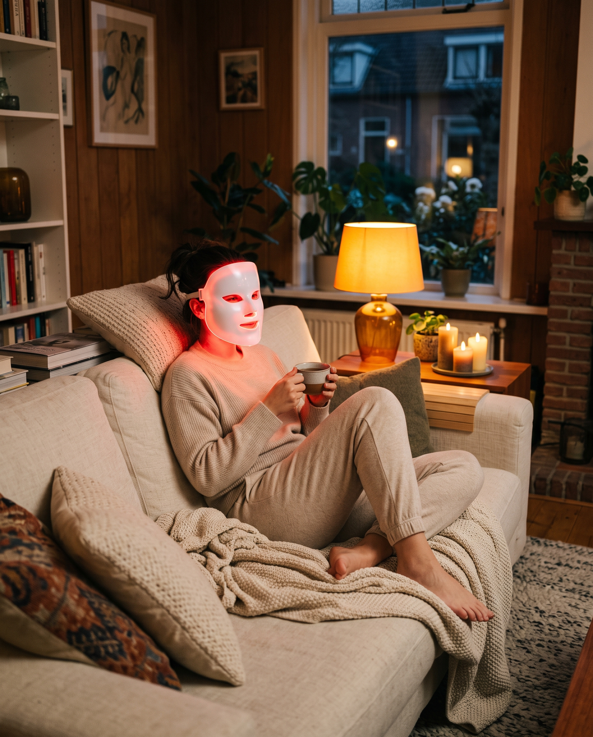 Vrouw ontspant met Lumora Glow LED-masker op de bank